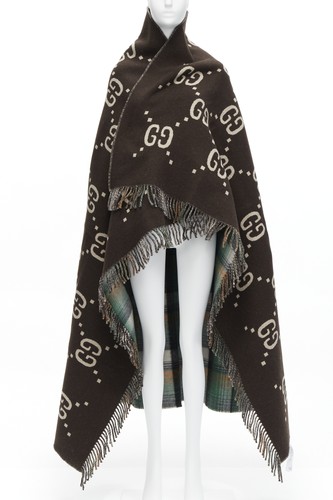 GUCCI 100% wool green red plaid tartan brown GG monogram blanket scarf