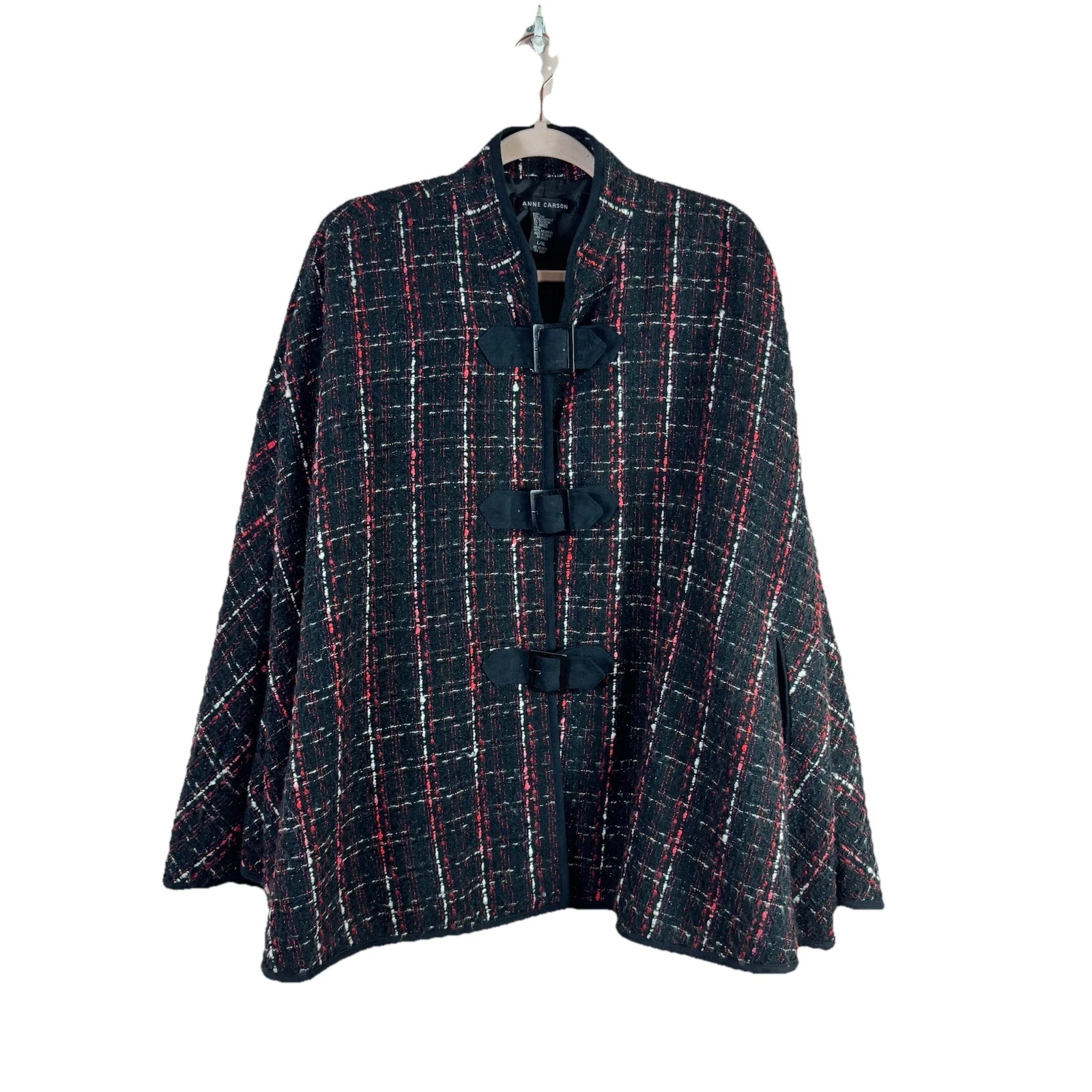 ANNE CARSON womens size L/XL silk blend red black tweed capelet poncho cape