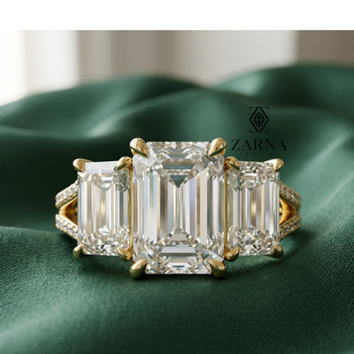Emerald Lab Grown Diamond Three Stone Engagement Split Shank Pave Band Ring