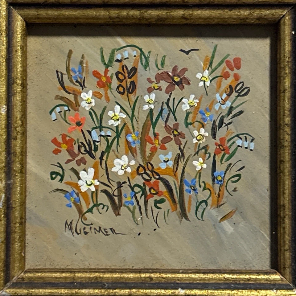 Mini pintura floral vintage enmarcada madera dorada firmada M Guimer arte de pared de cabaña Foto 3 de 4