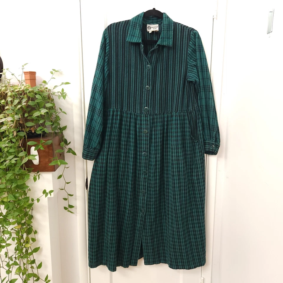 Vintage Winter Sun Plaid Cotton Flannel Midi Dress M/L Green Folk Artisan Style - Image 2 of 4