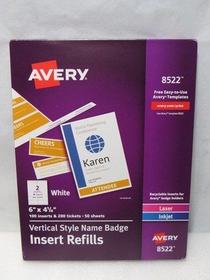 AVERY 8522 Vertical Style Name Badge Insert Refills 6 x 4 1/4'' White 100 E3K