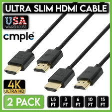 HDMI Cable Ultra Slim HDMI Cord 4K 2K 2.0 HDTV PC Laptop Monitor Cable Lot of 2
