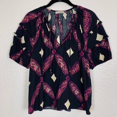 Ulla Johnson Arusi Cotton Poplin Top Size 2  Diamonds Puff Sleeve Plum Purple