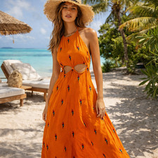 Farm Rio Anthropologie All Over Parrot Maxi Dress Size Medium Embroidered Linen