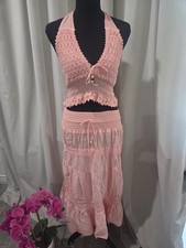 Peach Crochet 2-Piece Halter Top  Maxi Skirt Set Sleeveless S/M