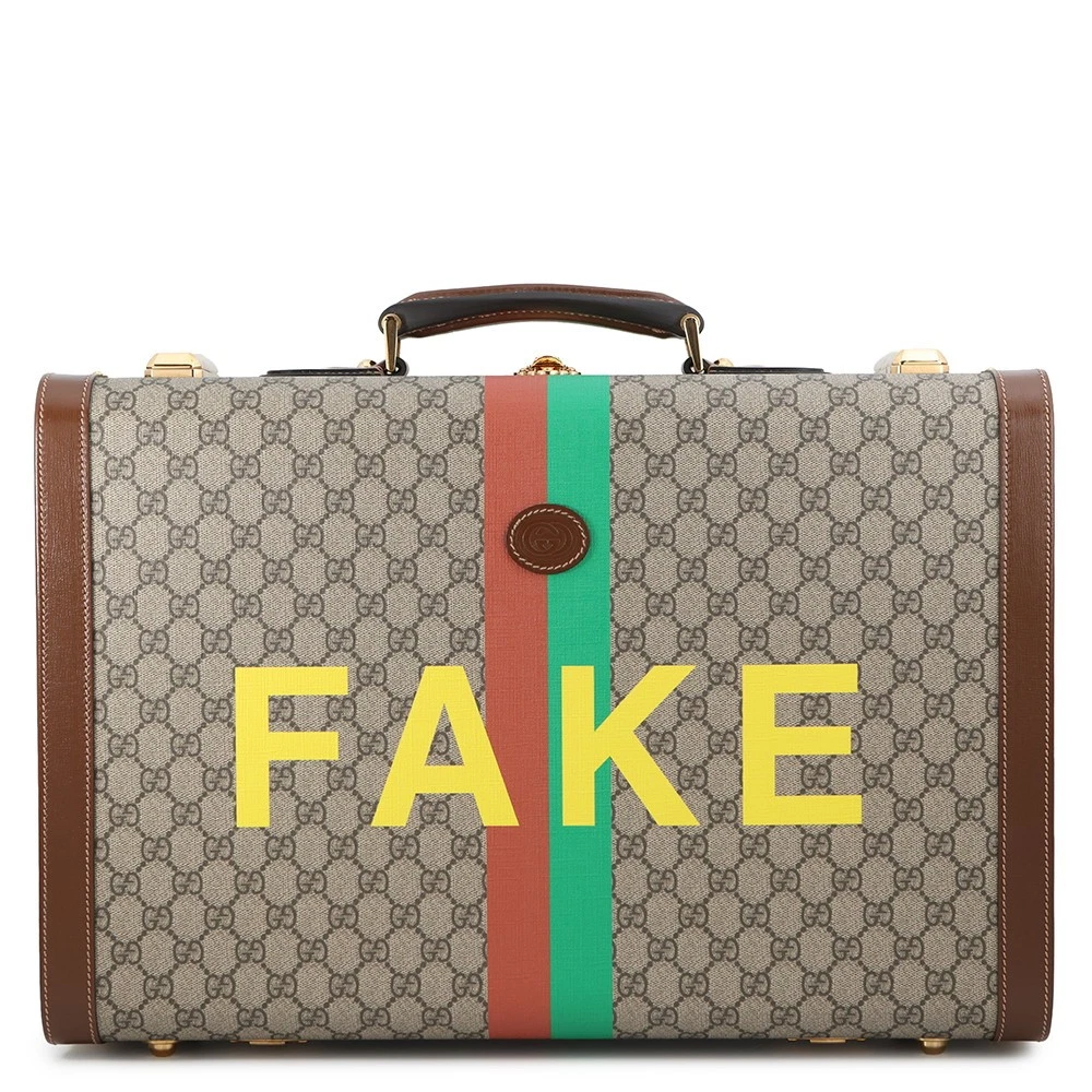 Gucci — GUCCI Fake knot print suitcase Size Medium GG Supreme/Leather Beige/Brown 611642