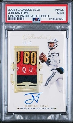 JORDAN LOVE 2021 Panini Flawless Collegiate Update Gold Patch Auto 10/10 PSA 9