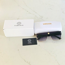 Versace Shield Sunglasses Black Gold Medusa Head Flat Top Bridge VE2220 Box Case