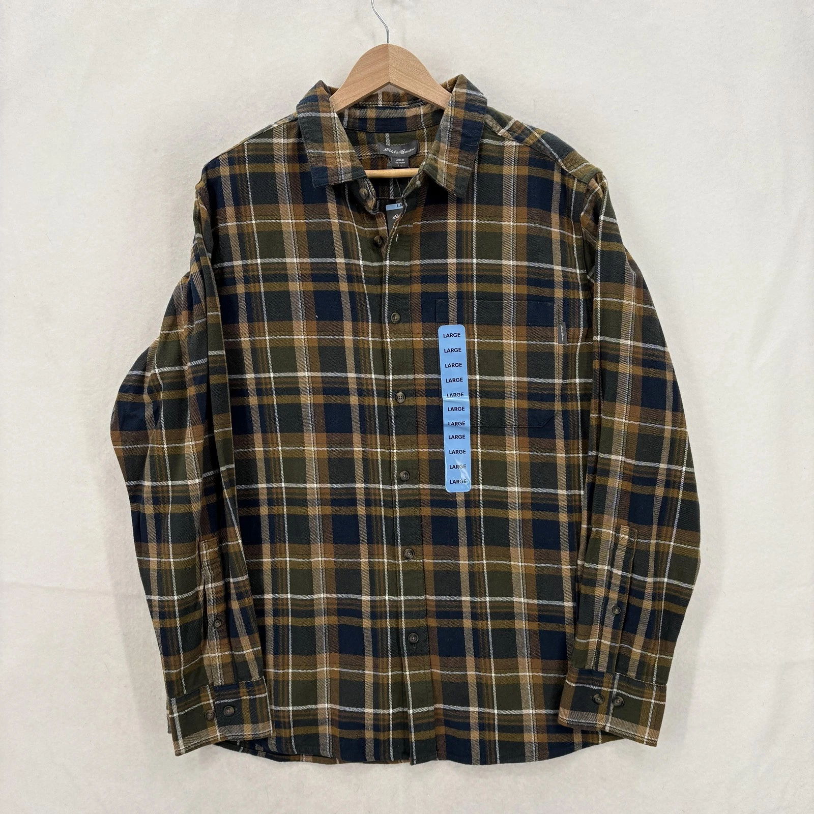 Eddie Bauer Shirt Mens Large Green Plaid Flannel Long Sleeve Button Up Hiking
