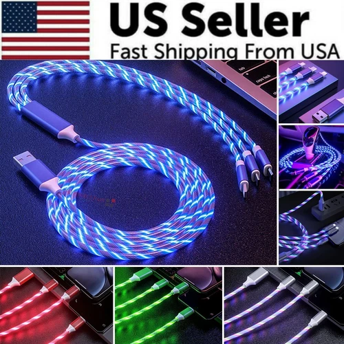 5PCS 3 in 1 LED Fast Charging Cable For iPhone Micro USB Type C Charger Cord - Picture 1 of 25