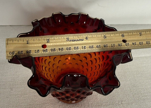 Fenton Amberina Ruby Red Hobnail Rose Bowl Vase Crimped Ruffled 4” UV Reactive - Picture 18 of 18