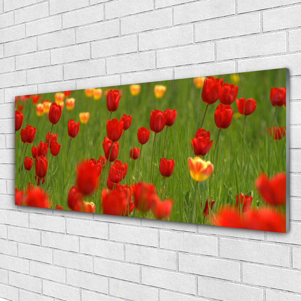 Tableau tulipes en verre acrylique 125x50 cm panoramique nature pour salon