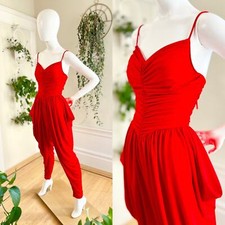 Vintage 1980s Jumpsuit 80s NEW LEAF Red Jersey Disco Draped Party Playsuit