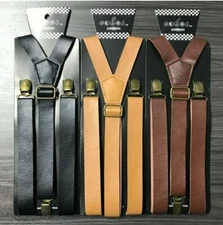 3x Faux Leather assorted Vintage Adjustable 3 Clips Gold Clips-on Suspender