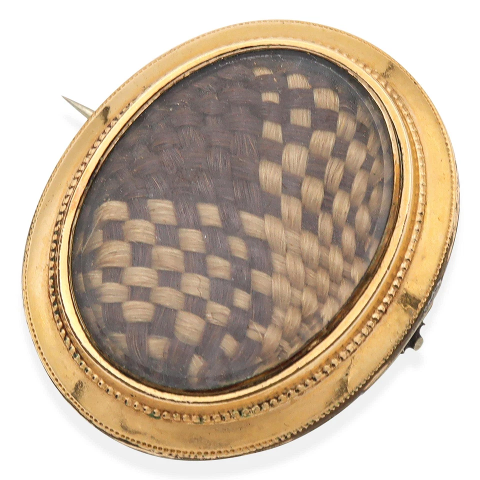 Broche antigo folheado a ouro trançado cabelo humano luto - Imagem 3 de 4