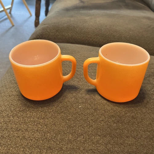 Set of 2 Vintage Federal Orange Milk Glass Coffee Cup Mug with D Handle