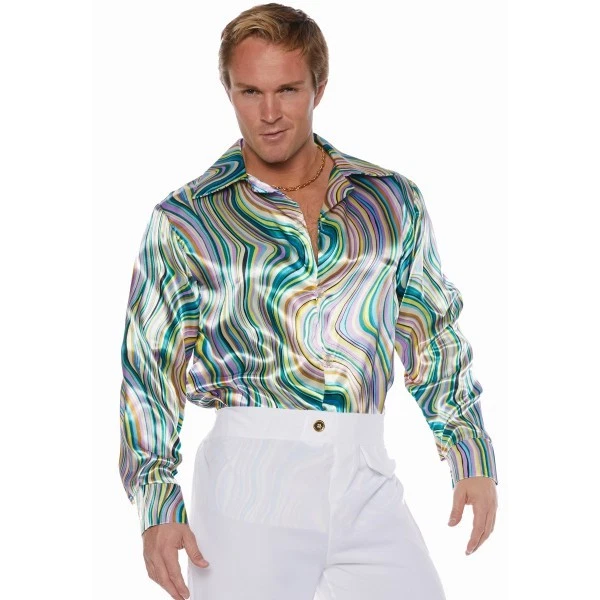 70S 80S MENS DISCO SHIRT SWIRLS COSTUME DANCE SATURDAY NIGHT FEVER PIMP SHINY