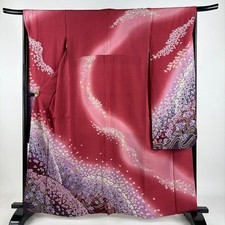 Woman Japanese Kimono Furisode Silk Plum Cherry blossom Gold thread Foil Pink