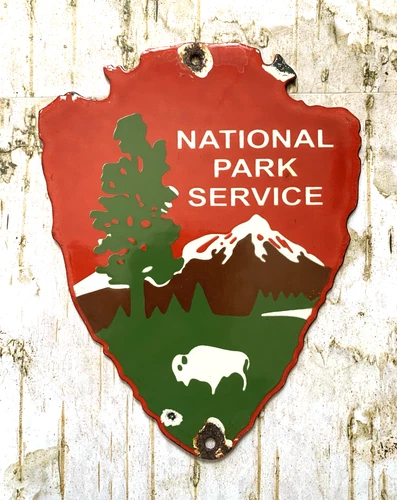 VINTAGE 7x5.5" NATIONAL PARK SERVICE FOREST RANGER GASOLINE PORCELAIN OIL SIGN