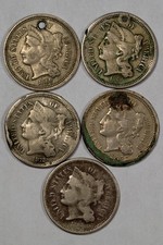 Lot of 5 Nickel 3 Cent Pieces - 1866, 1868, 1872, 1875, ND