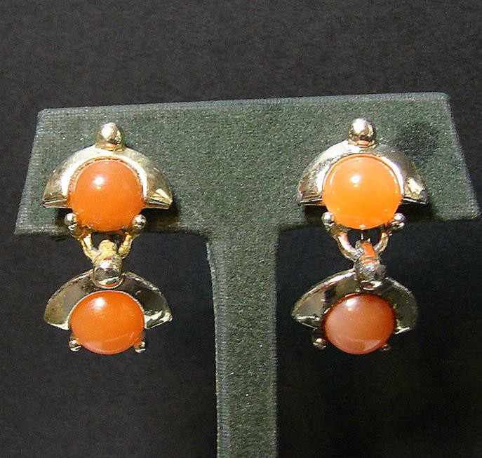Vintage Orange Moon Glow Lucite Silver Tone Thermoset Screw Back Dangle Earrings