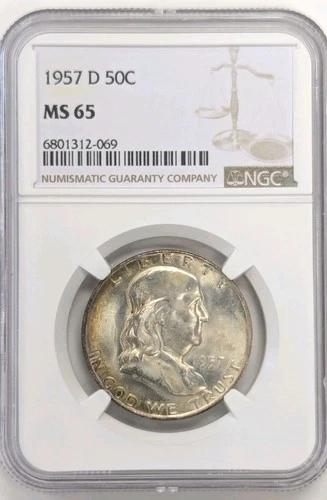 1957-D 50c Franklin Silver Half Dollar Nice Toning NGC MS 65