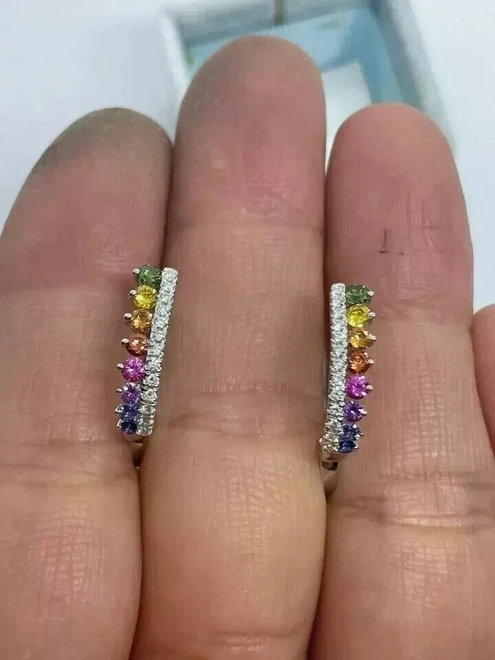 Lab Created Multicolor Diamond Hoop Earrings 2Ct Round Cut 14K White Gold Plated - Image 3 of 4