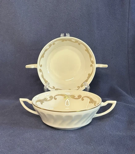 Set of 2 Syracuse China Baroque Gray Flat Cream Soup Bowls, Two Handles