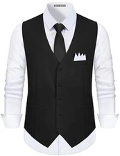 Men's Formal Suit Vest with Tie  Pocket Square Large Black