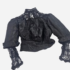 Antique Taffeta  Lace Puff Sleeve Blouse Top Shirt Black Victorian Edwardian