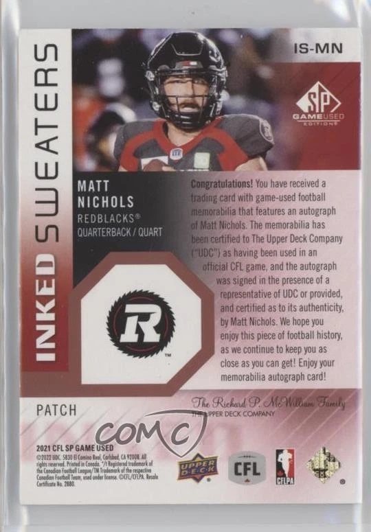 2021 SP Game Used Edition CFL Inked Sweaters /25 Matt Nichols #IS-MN Patch Auto - Image 2 of 2