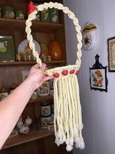 Vintage Macrame Basket Plant Holder With Red Butterfly  Beads Boho Cottage