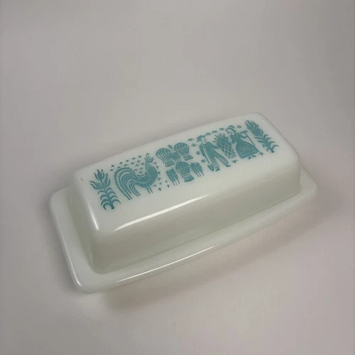 Vintage Pyrex Turquoise Amish Butter Print - Covered Butter Dish