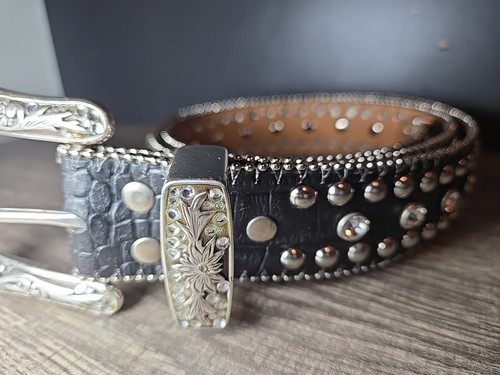 Nacona Belt Womens M Black Sparkle Leather Silver Buckle Rhinestone Westerncore - Picture 3 of 10