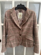 Joules Enid Pink Tweed Wool Blend Pheasant Print Field Blazer Jacket US 4/UK 8
