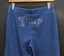 Juicy Couture Big Bling Wide Leg Pants Rhinestone Logo Chambray Blue Cotton XS
