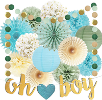 Babyparty Deko SalbeigrüN Blau Pompons PapierfäCher Girlande
