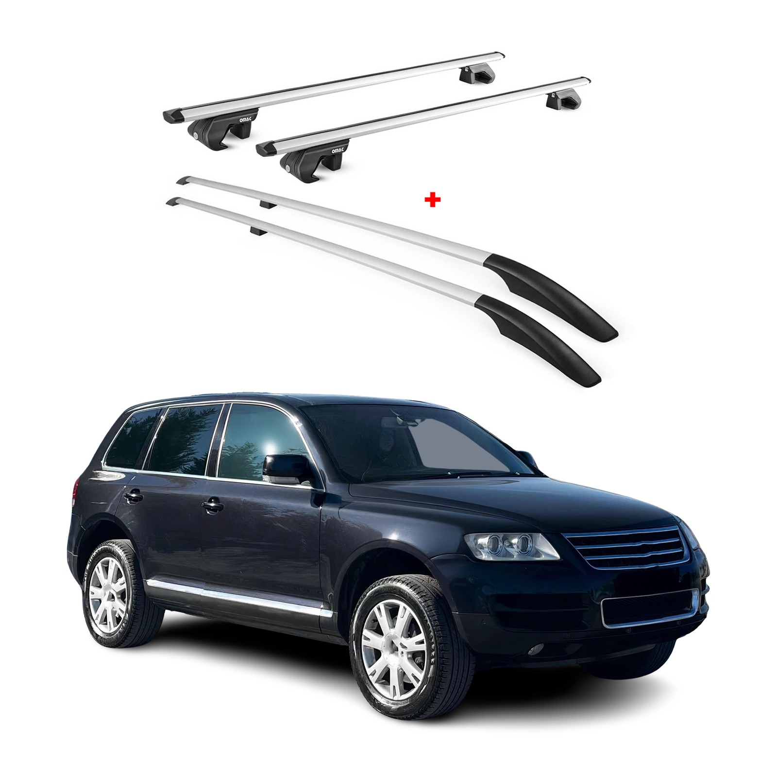 Barres de toit transversales alu gris et rails longitudinaux Volkswagen Touareg 2002-2010