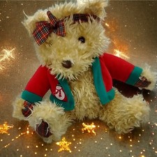 Hallmark Merrily Bear Plush 12  Christmas Teddy Red Green Sweater Shaggy Blonde