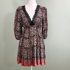 Angie Floral Dress Womens Medium Black Boho Lace Tiered Cottage Fairygrunge