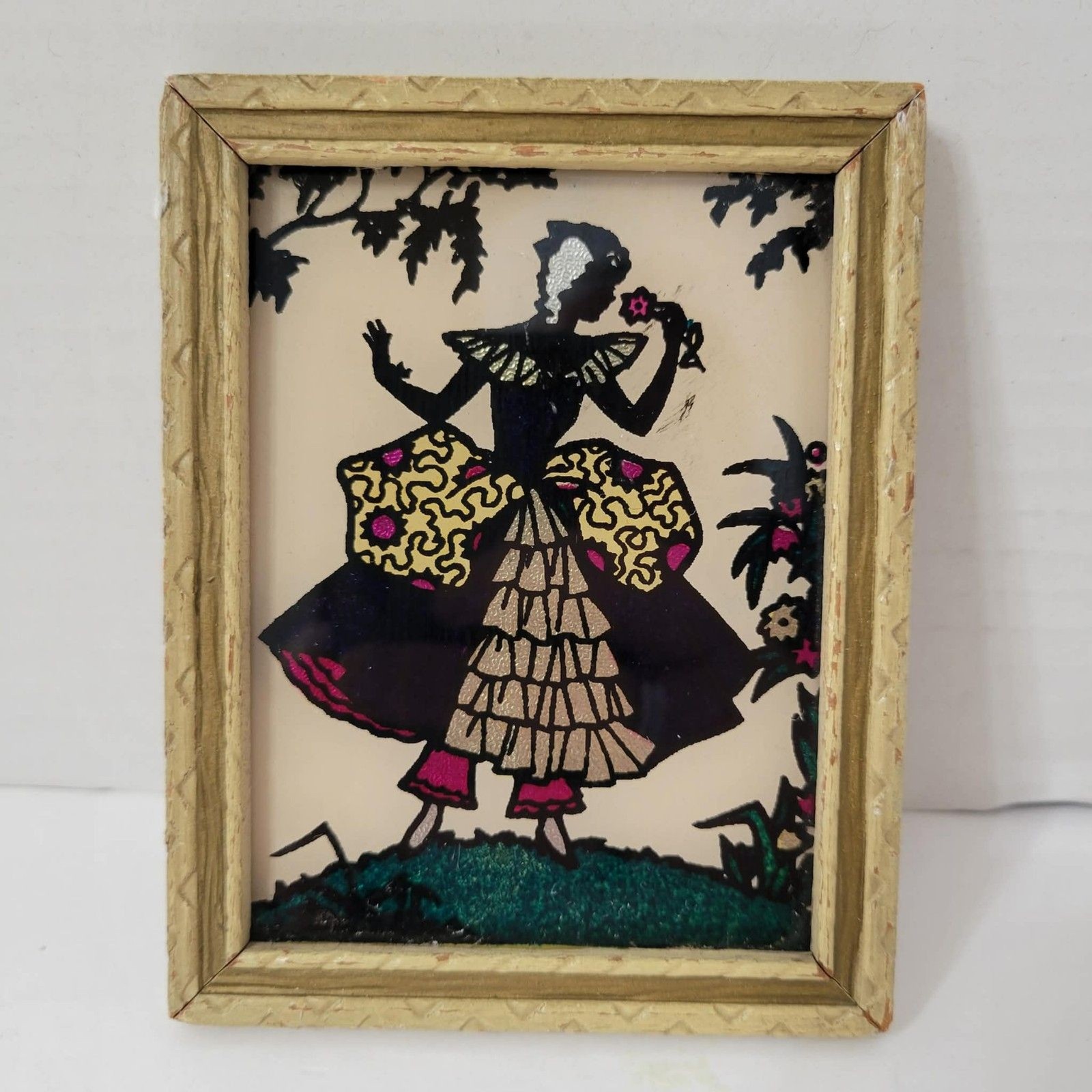 Vintage 1940s Art Deco Foil Silhouette Reverse Glass Painting Victorian Ruffled
