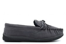 Image of Mens Real Suede Moccasin Slippers Genuine Leather Moccasins Rubber Sole Grey