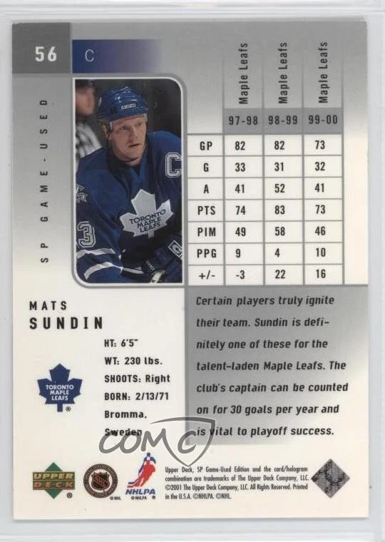 2000-01 SP Game Used Edition Mats Sundin #56 HOF - Image 2 of 2