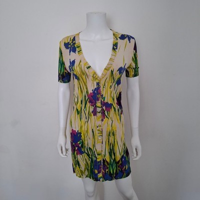 Blumarine Strickjacke Seide Mehrfarbig Blumenmuster Größe 40 IT