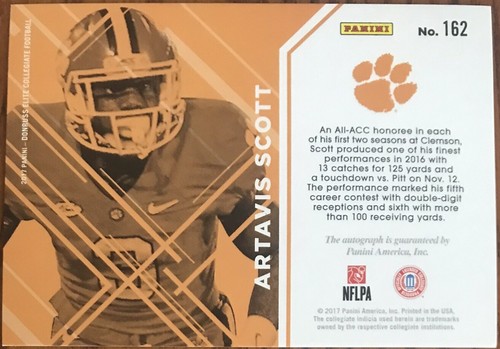 2017 Elite Draft Picks Draft Picks Autographs Artavis Scott #162 Clemson Tigers - Picture 2 of 2