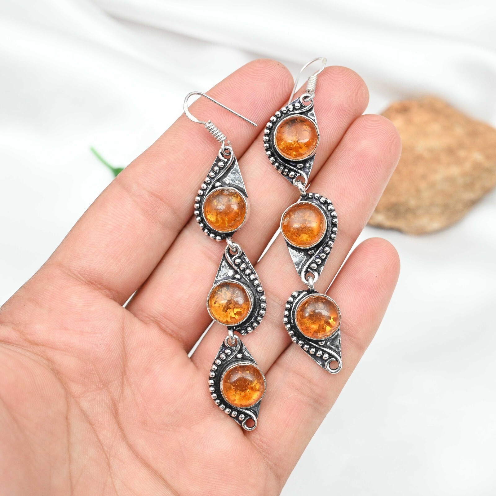 925 Sterling Silver Jewelry Baltic Amber Earrings Gemstone Handmade Women Gift