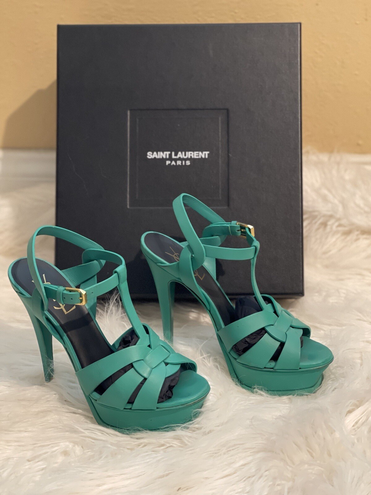 Sandali YSL Yves Saint Laurent Tribute Platform in pelle verde liscia 36 con scatola
