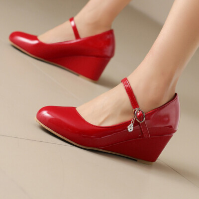 Womens Buckle Pumps 6.5cm Wedge Heel Faux Patent Leather Shoes Fashion  Ladies OL | eBay