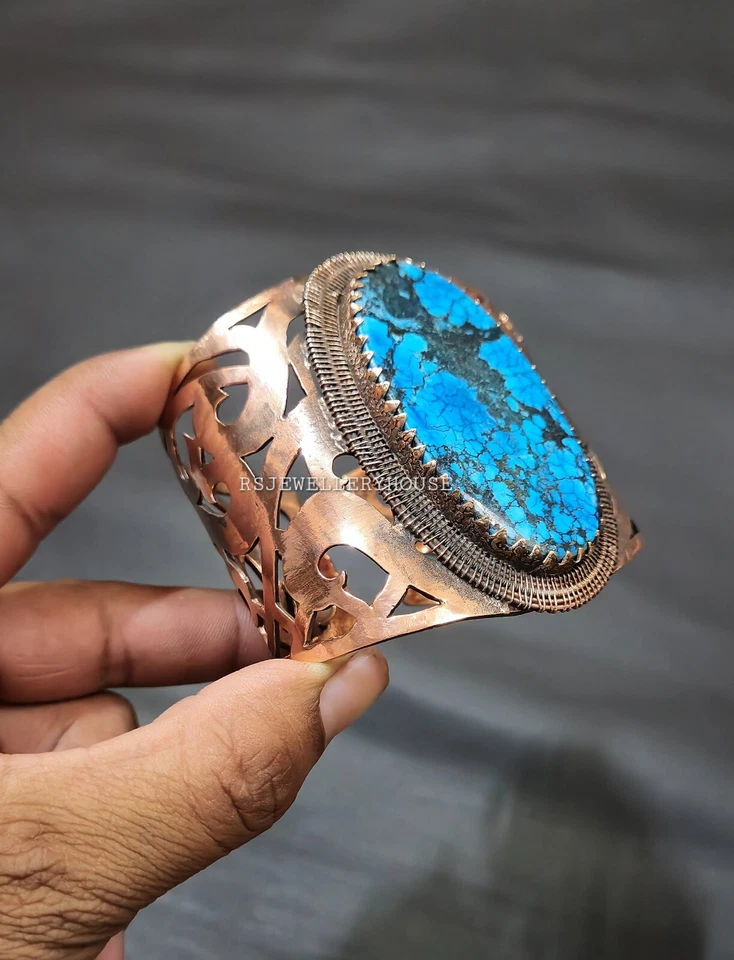 Винтажный регулируемый браслет-манжета из тибетской бирюзовой проволоки в медной обертке ювелирные изделия - Изображение 2 из 4